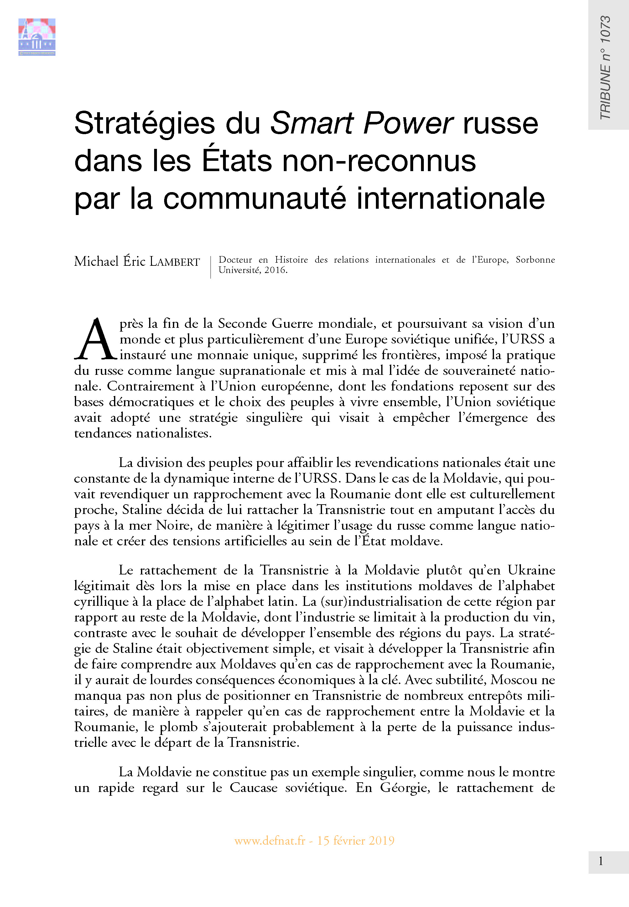 Stratégies du Smart Power russe dans les États non-reconnus par la communauté internationale (T 1073)
